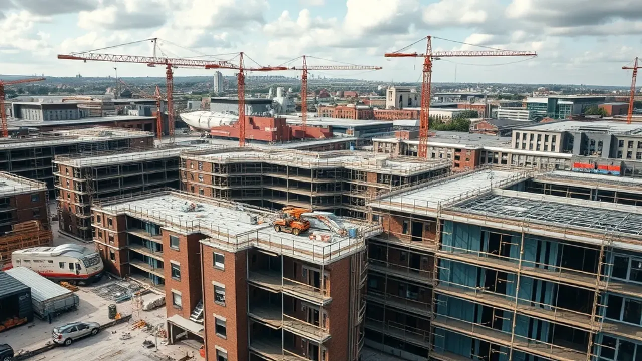 An elevated view across a site relevant to building and construction work near Manchester